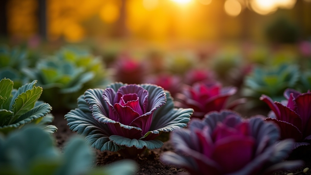 Autumn garden with mature kale and cabbage plants ready for harvest