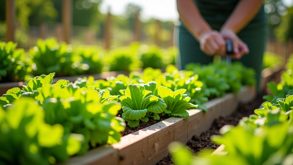 Thriving allotment plot with various vegetables growing in organized beds