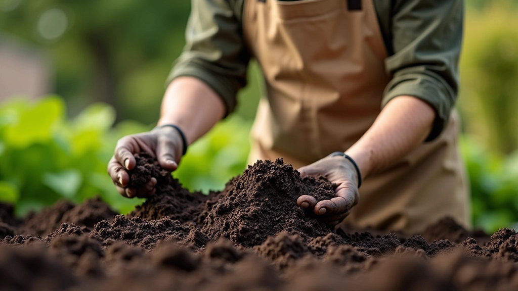Gardener spreading dark mulch and compost across prepared soil in allotment bed, demonstrating soil improvement technique