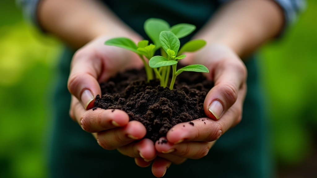 Gardener's hands holding dark soil rich with compost in vegetable plot