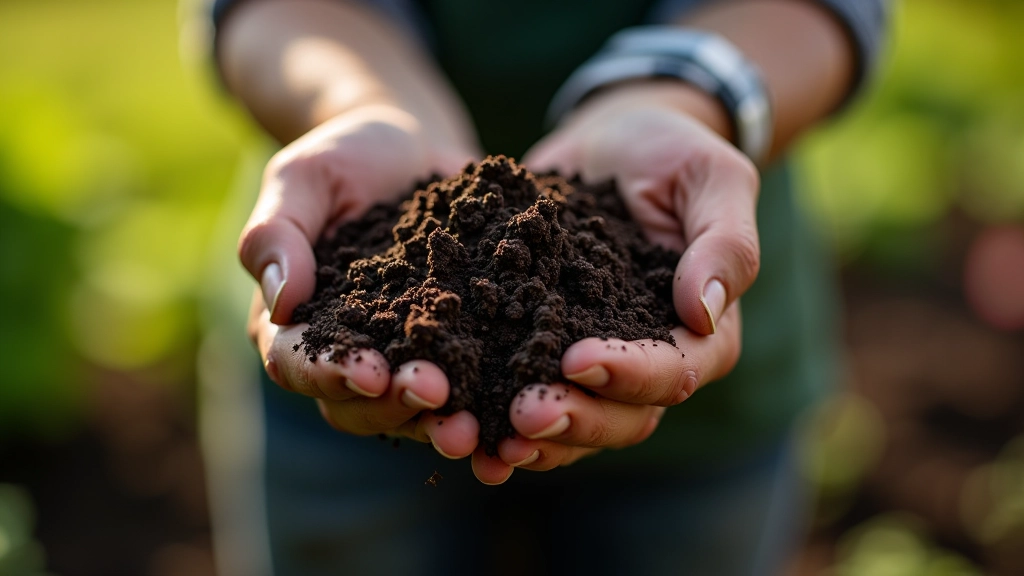 Gardener's hands holding rich dark soil amended with compost in vegetable garden bed