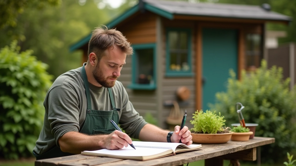 Gardener organizing tools and planning at a wooden workbench