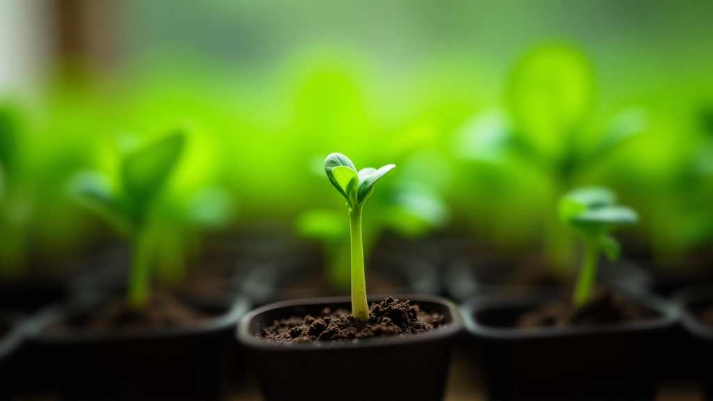 Close-up of sprouting vegetable seedlings in biodegradable pots with soil, ready for transplanting into allotment beds