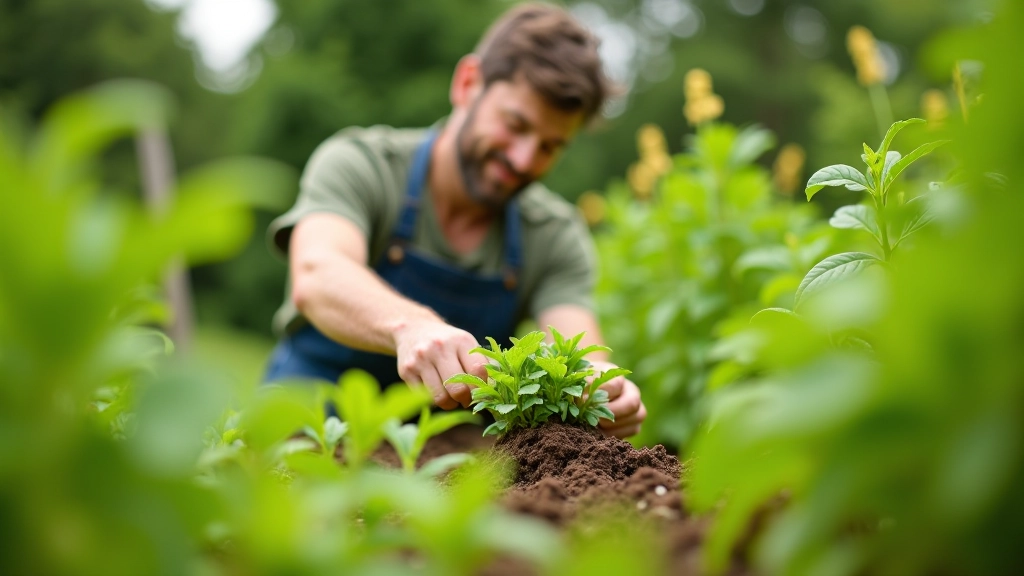 Gardener tending to vegetable plants in summer garden