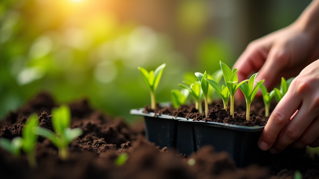 Spring vegetable seedlings emerging from dark soil in garden beds