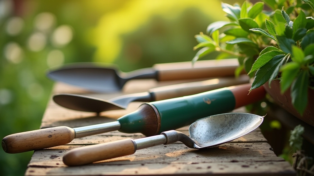 Collection of well-used allotment gardening tools arranged on wooden surface, including spade, fork, hoe, and trowel