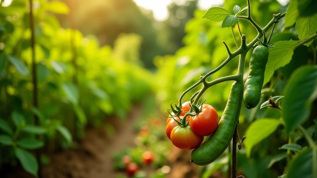 Mature summer vegetable plants including tomatoes and bean plants in productive garden