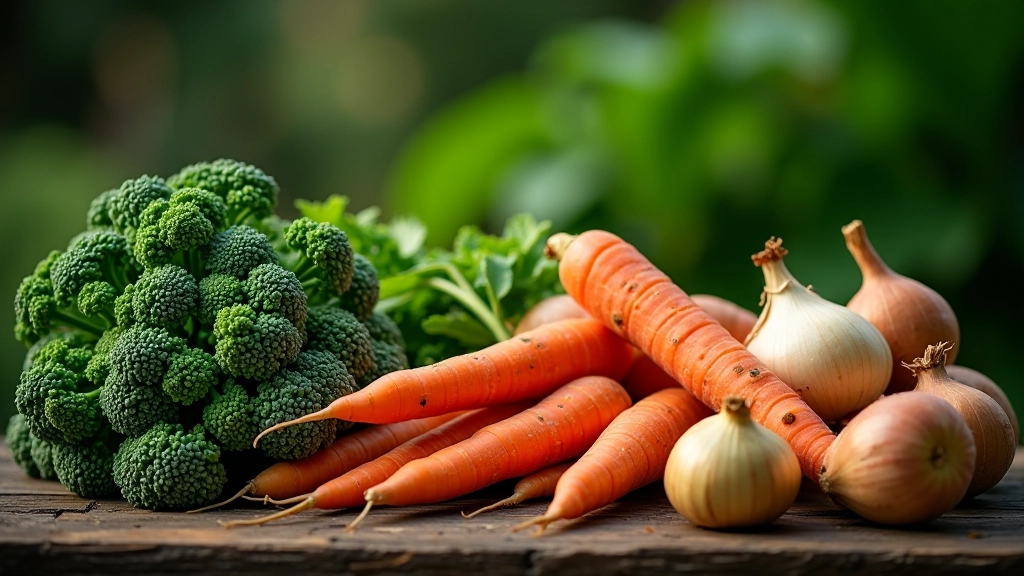 Variety of British grown vegetables including kale, carrots, potatoes, and onions on rustic wooden surface