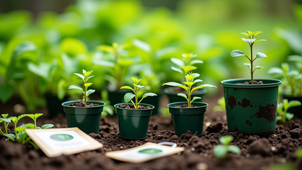Young vegetable seedlings in terracotta pots on greenhouse shelf with watering can