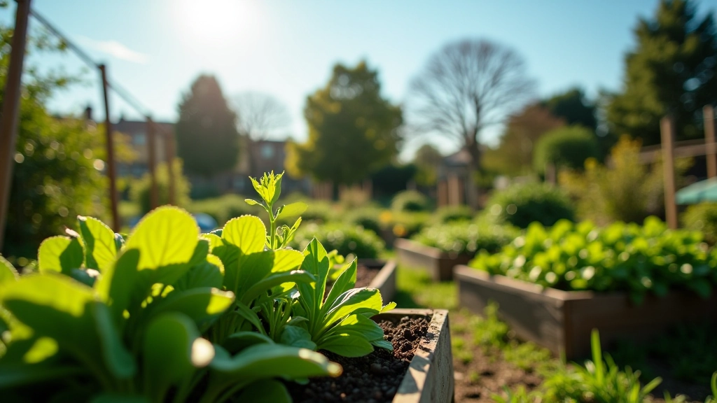 Lush vegetable garden beds with growing plants and gardening tools in morning light